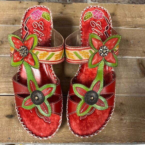 NIB Elite By Corkys 'Poppy' Red Leather Floral Heeled Sandal Sz 9 - Picture 12 of 13